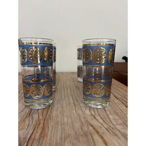 Vintage MCM Starlyte Blue and Gold Shell Motif Glasses Mid Century (Set of 6)